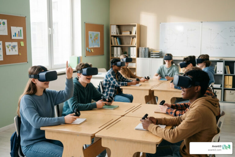 AR VR for Education students using VR headsets in a classroom