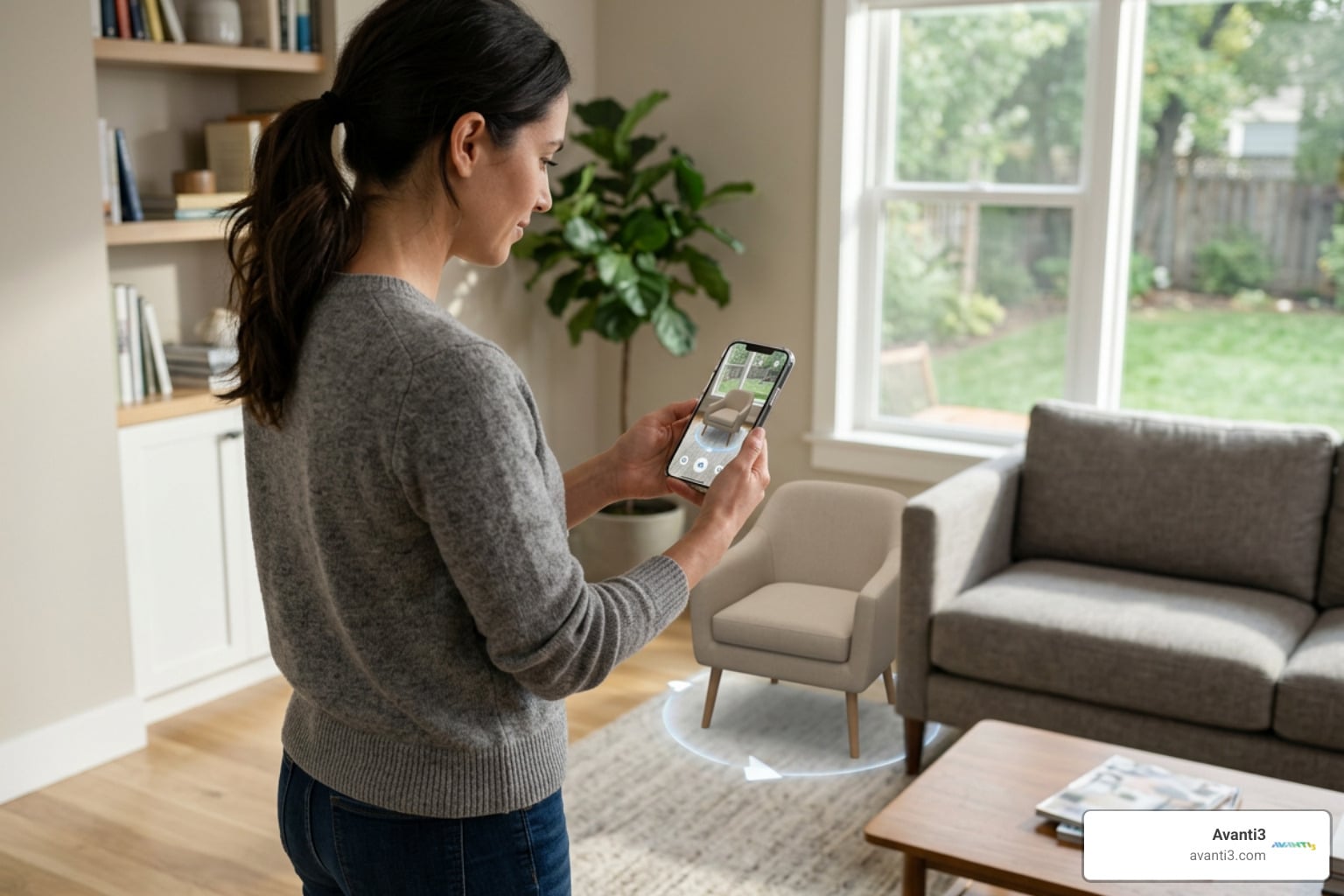 customer using smartphone AR to place virtual furniture in a real room